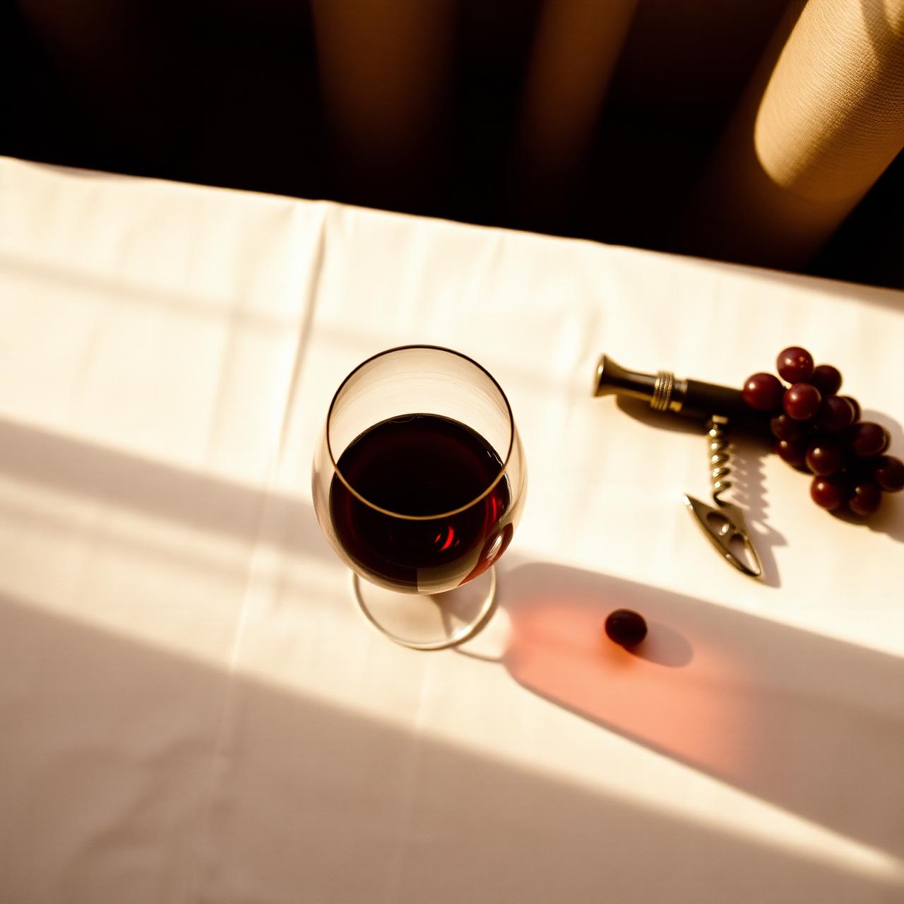 A glass of red wine on a linen tablecloth